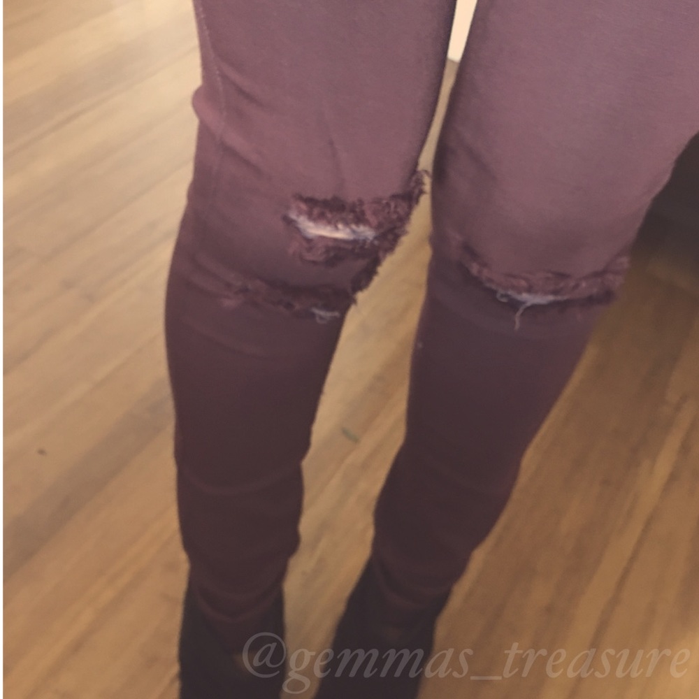Burgundy Distressed Skinny Jeans - Picture 2 of 4